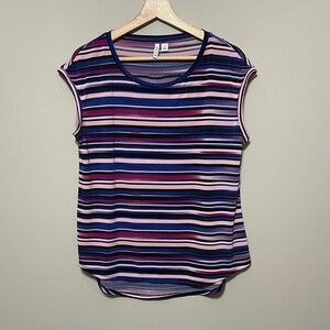 Elle Striped Blue, Pinks & Black Cap-Sleeve Top